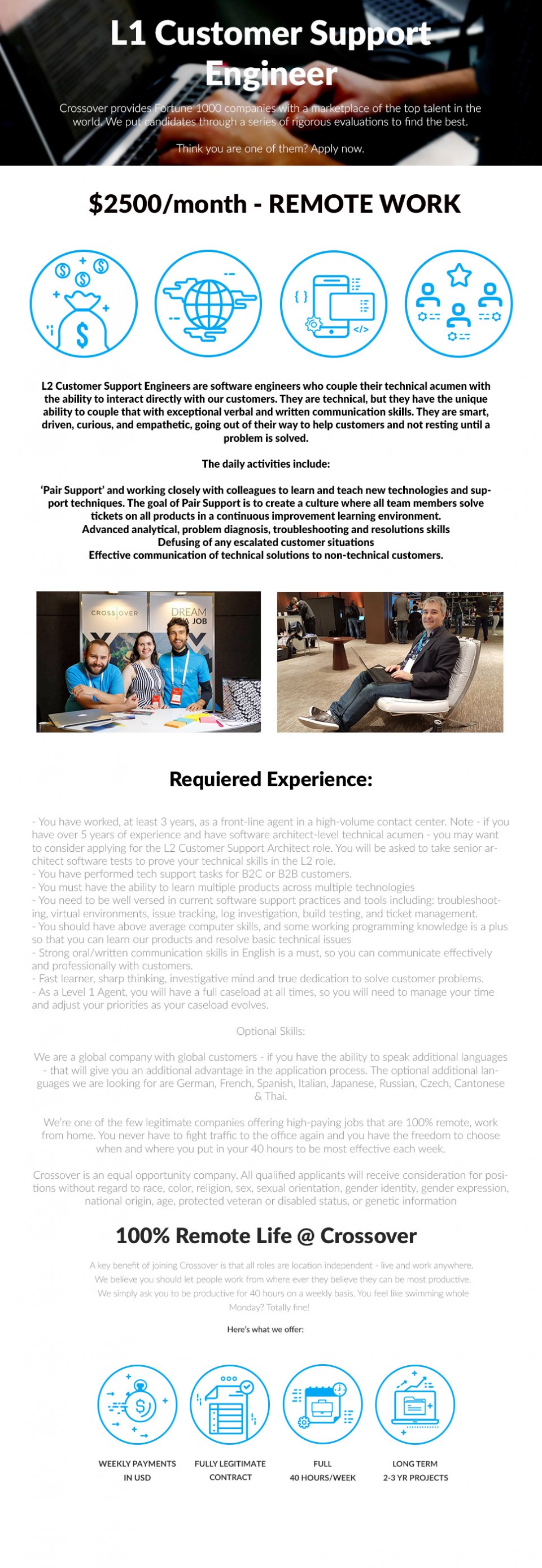 L1 Customer Support Engineer 2500 month REMOTE WORK Crossover