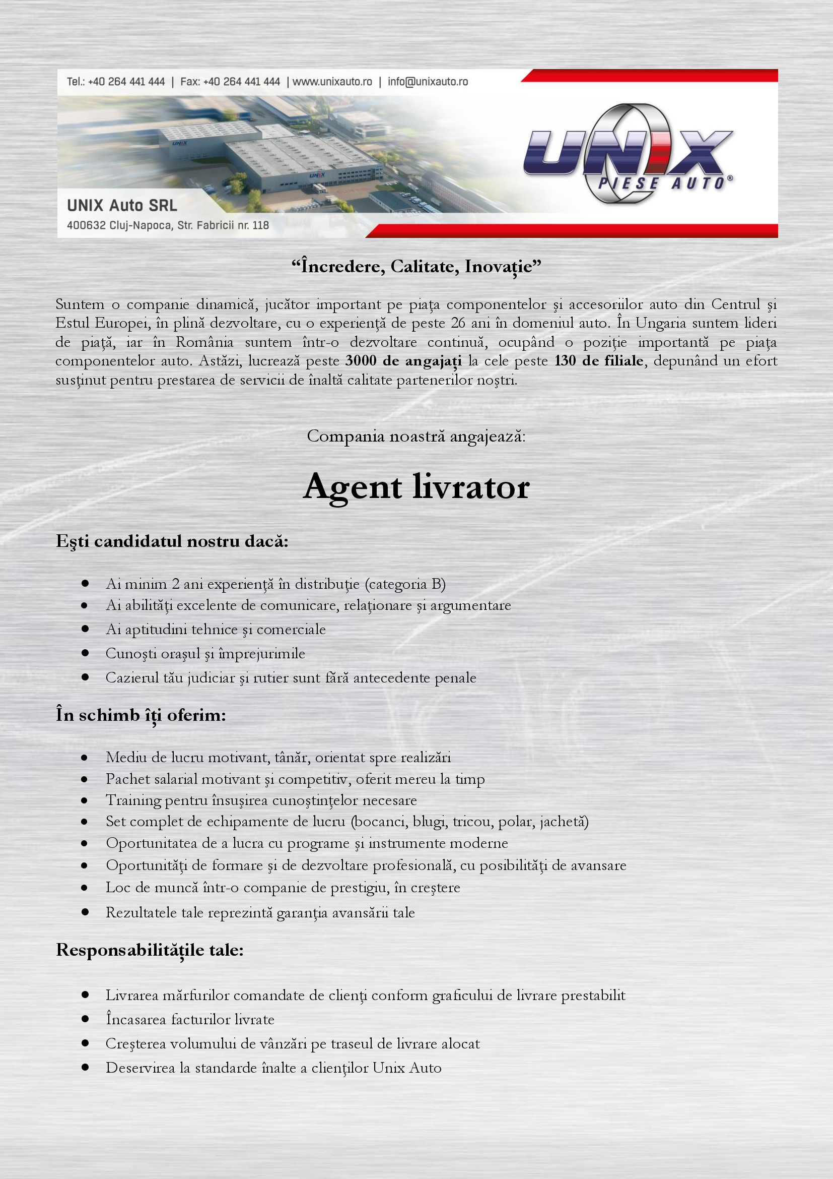 Agent livrator, UNIX Auto Aplica pe eJobs!