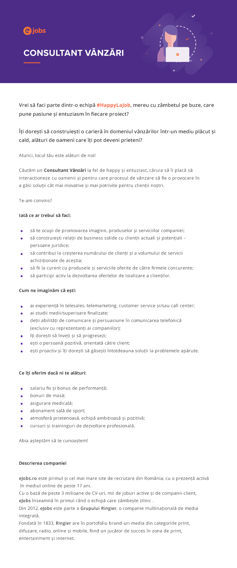 Consultant vanzari prin telefon, eJobs Group Aplica pe eJobs!