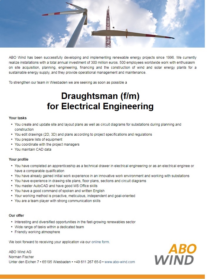 Draughtsman F M For Electrical Engineering Abo Wind Ag Apply On Ejobs