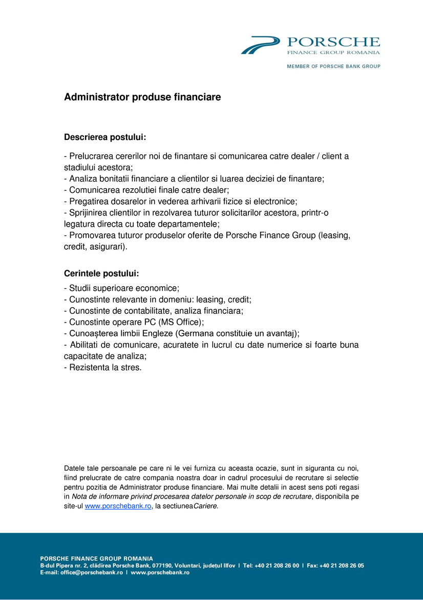 Administrator produse financiare, Porsche Finance Group Romania - Aplica pe eJobs!