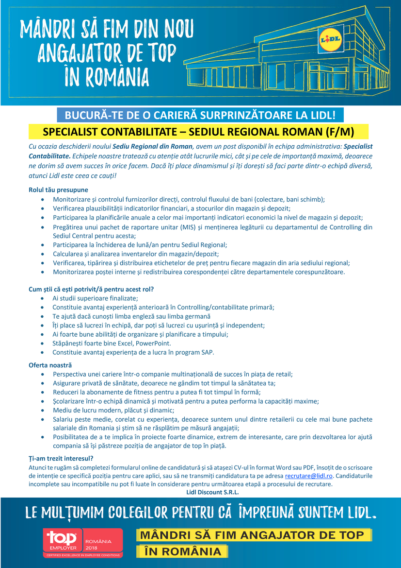 Specialist Contabilitate Sediul Regional Roman F M Lidl