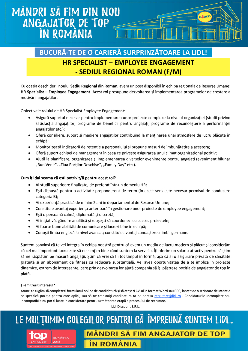 Hr Specialist Employee Engagement Sediul Regional Roman F M