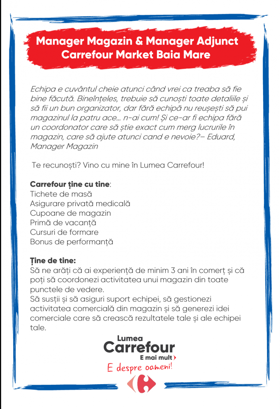 Căutăm Manager Manager Adjunct Carrefour Market Baia Mare