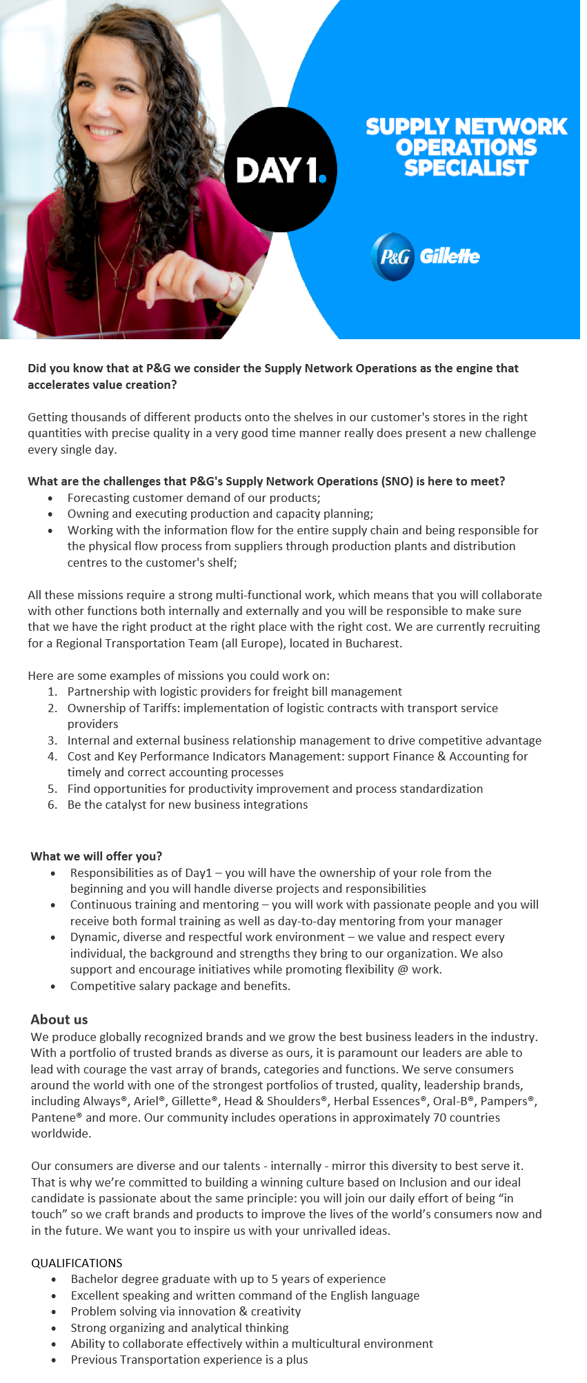 SUPPLY NETWORK OPERATIONS SPECIALIST, PROCTER & GAMBLE MARKETING