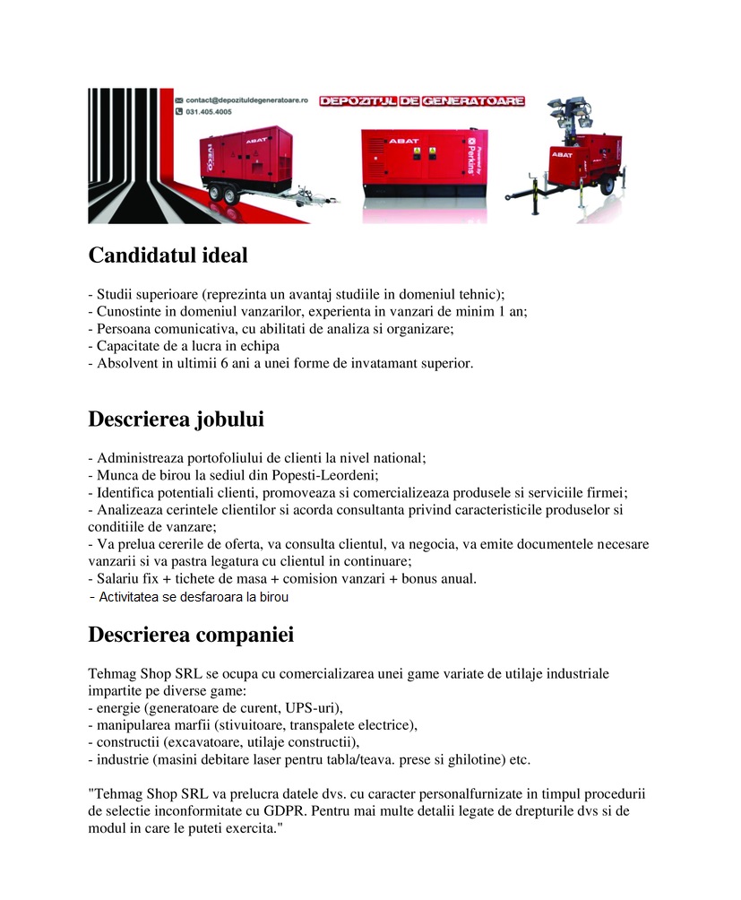 Agent vanzari online Popesti Leordeni, Tehmag Shop SRL Aplica pe