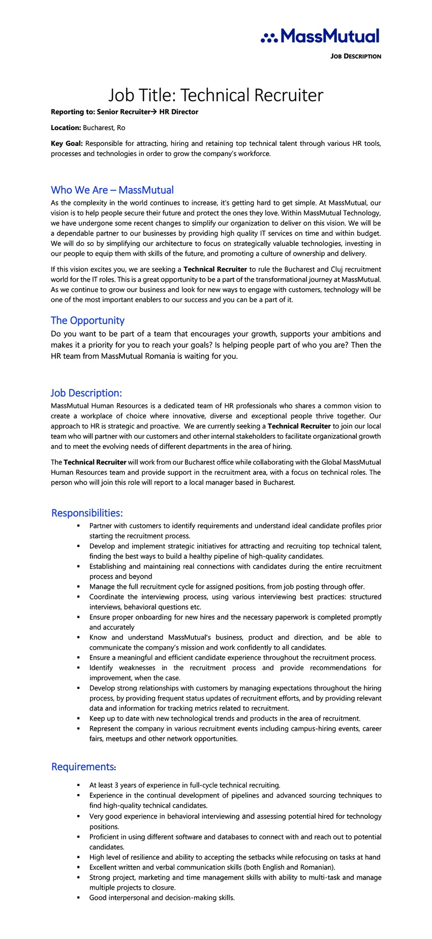 IT Technical Recruiter, MASSMUTUAL GLOBAL BUSINESS SERVICES ROMANIA SRL