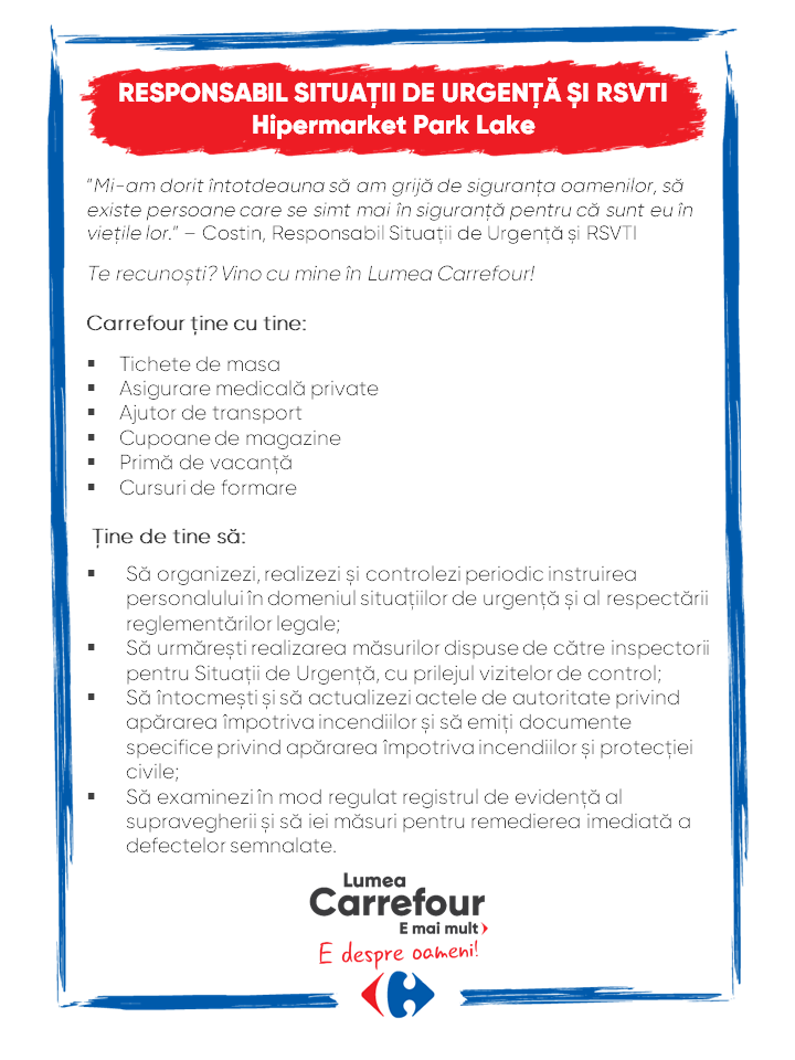 Responsabil SU și RSVTI Hipermarket Park Lake, Carrefour România Aplica pe eJobs!
