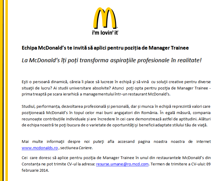 Manager Trainee Mcdonald S Romania Aplica Pe Ejobs