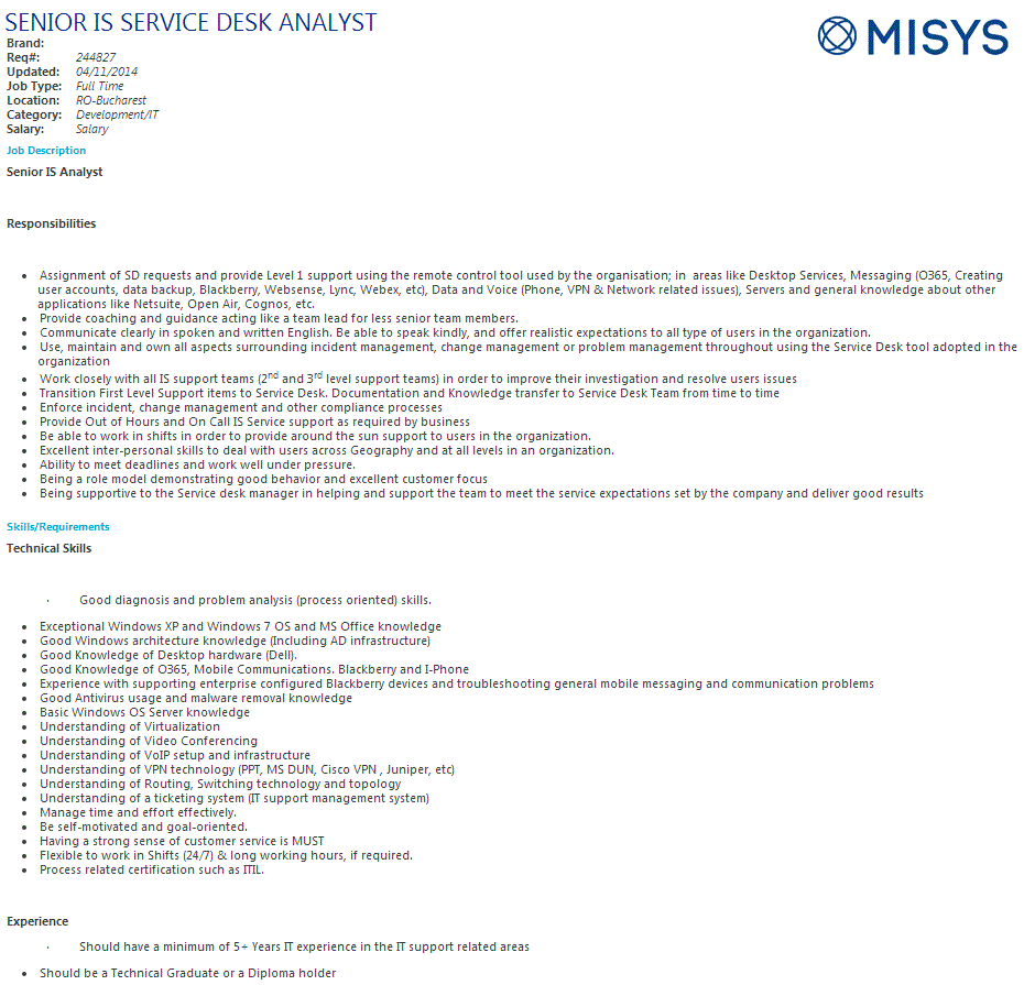 Senior Is Service Desk Analyst Misys Banking Systems Aplica Pe