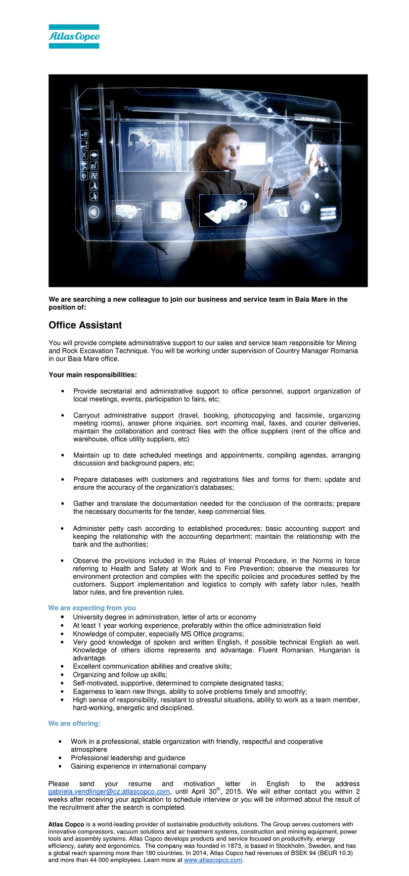 Office Assistant Atlas Copco Romania Apply On Ejobs