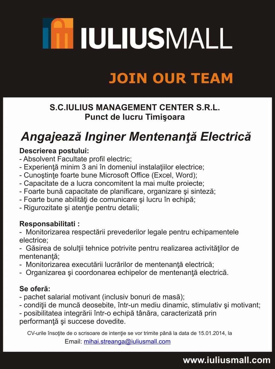 Inginer Mentenanta Electrica Iulius Mall Timisoara Apply On Ejobs