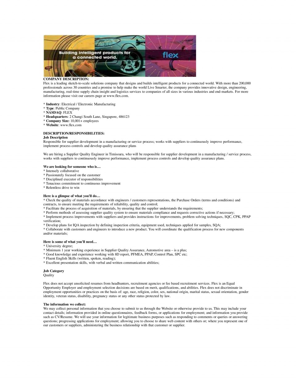 Supplier Quality Engineer WD043609 Flex Aplica pe eJobs Supplier Quality Engineer WD043609 Flex Aplica pe eJobs
